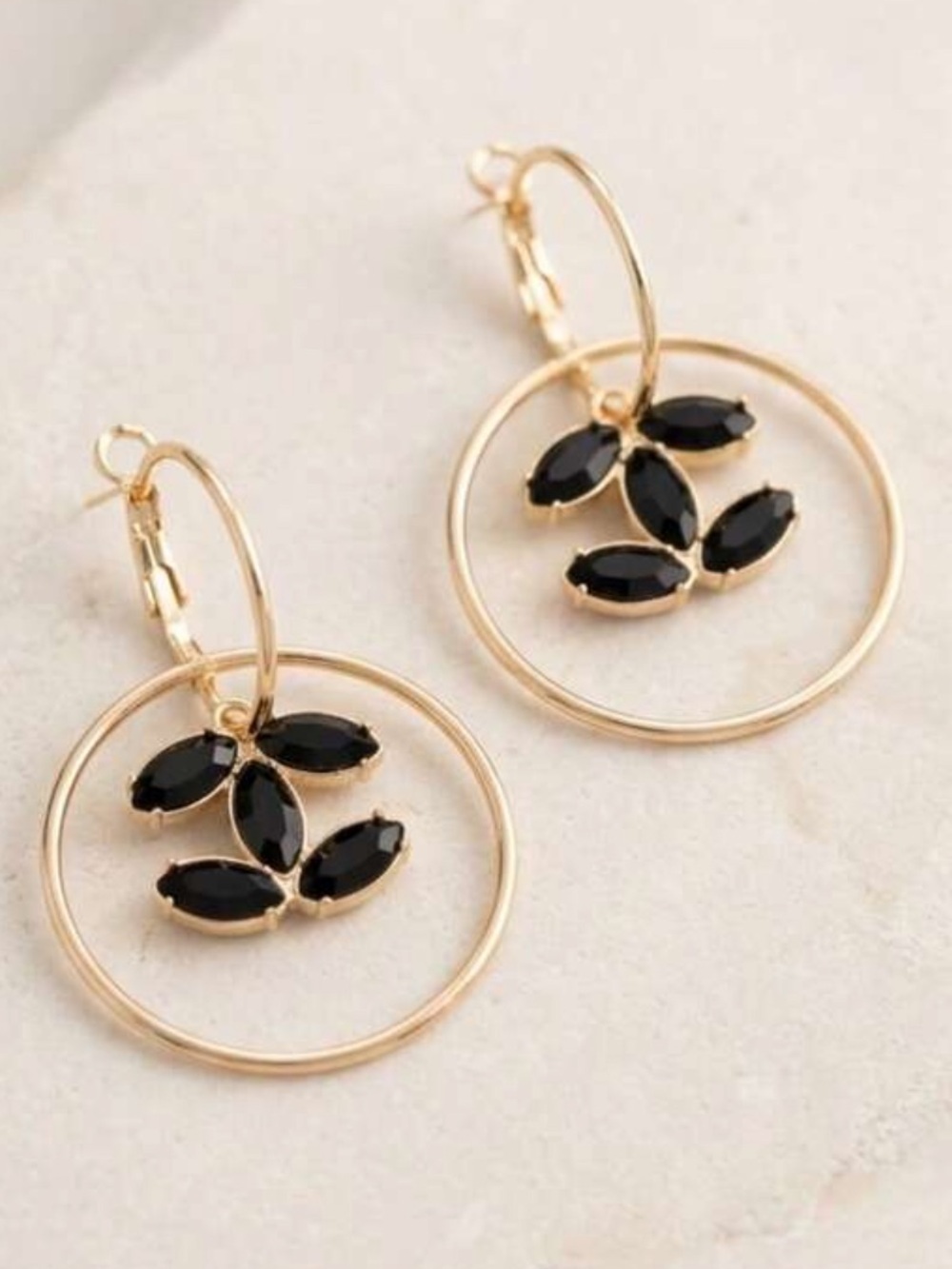 Gold Dangle Charm Hoop Earrings /Black Marquise Floral Drops
